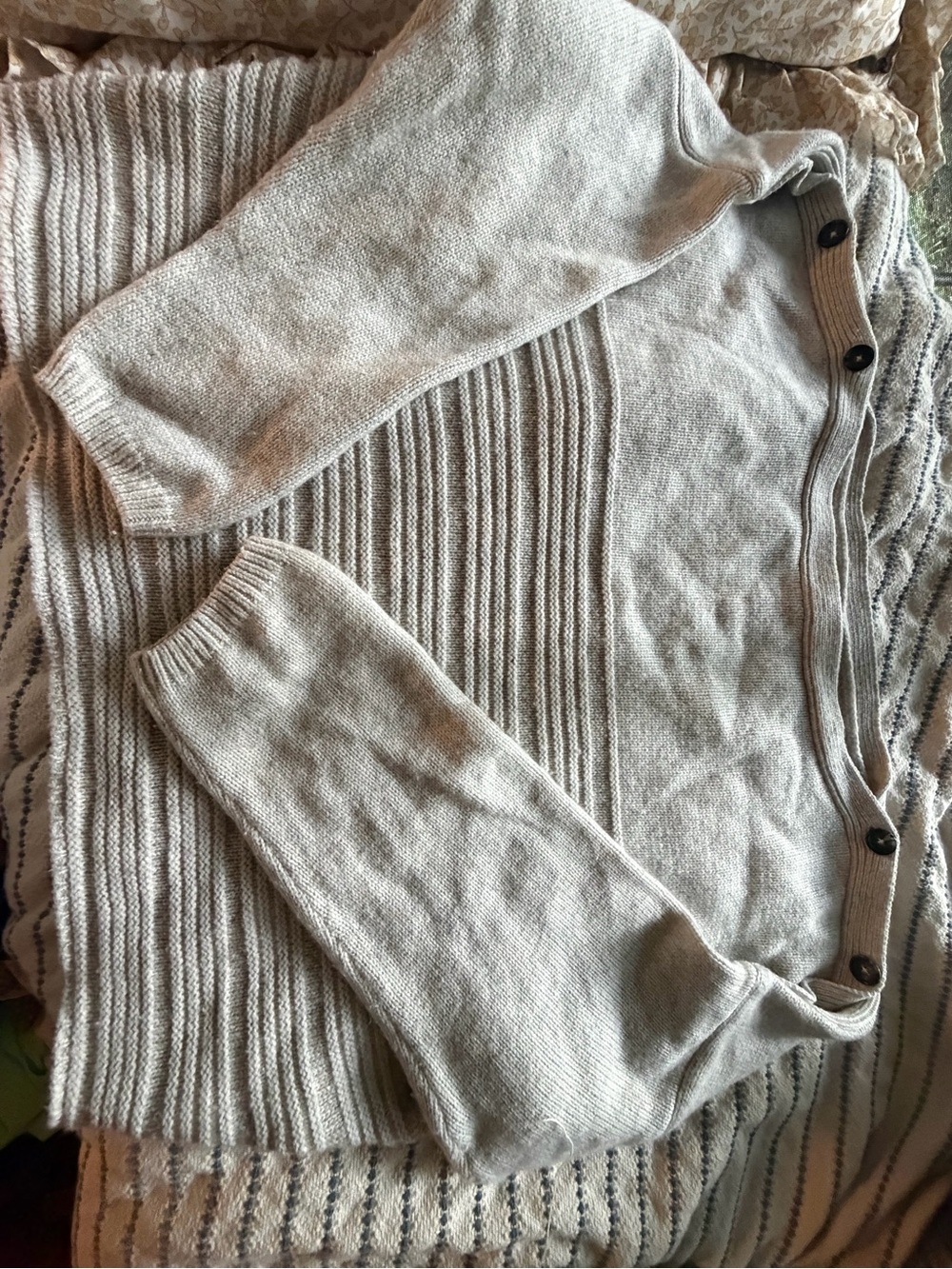 Prana Light Gray Ribbed Button-Shoulder Sweater